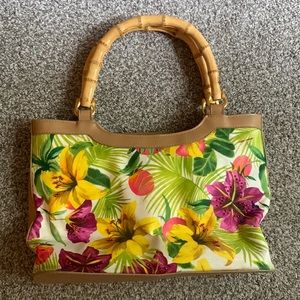 VINTAGE BUENO FLORAL PRINT BAMBOO HANDLES SHOULDER BAG